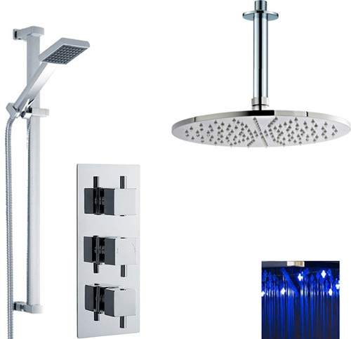 Nuie Showers Triple Thermostatic Shower Valve, LED Head & Slide Rail Kit.