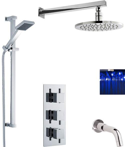 Premier Showers Triple Shower Valve, LED Head & Slide Rail Kit & Bath Spout.