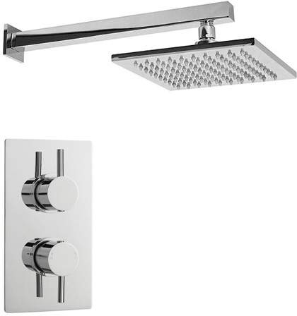 Crown Showers Twin Thermostatic Shower Valve, Arm & Square Head 200mm.