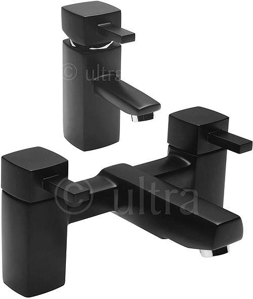 Ultra Muse Black Basin Mixer & Bath Filler Tap Set (Black).