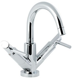 Ultra Scene Mono basin mixer with small spout and pop up waste.