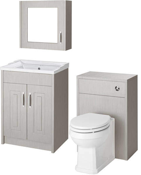 Old London York 600mm Vanity, 500mm WC Unit & Mirror Cabinet Pack (Grey).