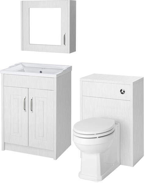 Old London York 600mm Vanity, 500mm WC Unit & Mirror Cabinet Pack (White).