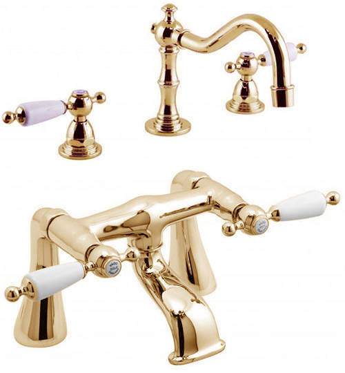 Vado Kensington 3 Hole Basin Mixer & Bath Filler Tap Pack (Gold & White).