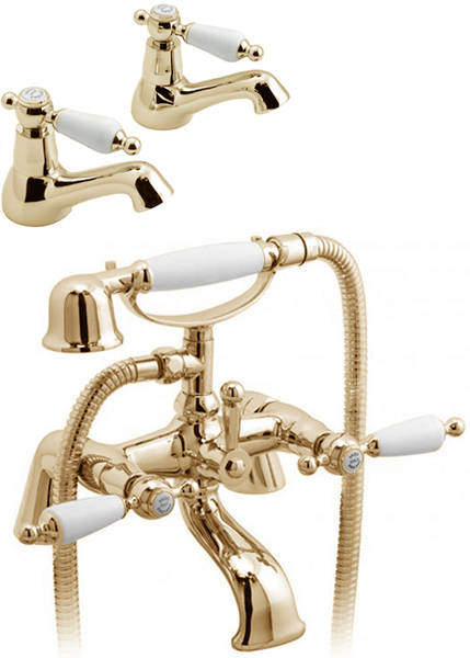 Vado Kensington Pillar Basin & Bath Shower Mixer Tap Pack (Gold & White).