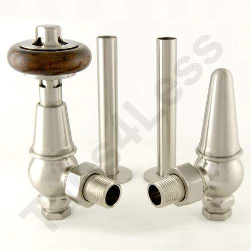 Crown Radiator Valves Thermostatic Angled Rad Valves Kit (Satin Nickel).