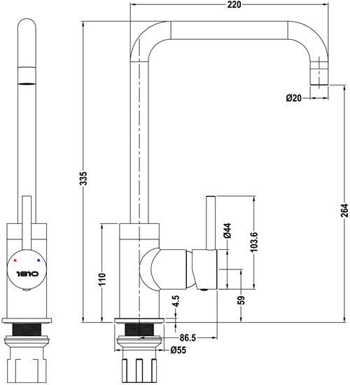 Technical image of 1810 Purquartz Cascata Kitchen Tap (Polar White & Chrome).