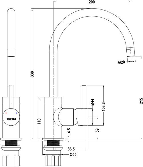 Technical image of 1810 Kitchen Sink & Tap Pack, 1.0 Bowl (1000x500, Concrete).