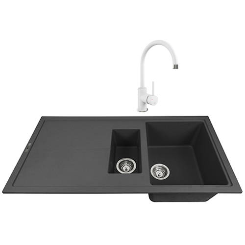 Larger image of 1810 Kitchen Sink & Tap Pack, 1.5 Bowl (1000x500, Black & Polar White).