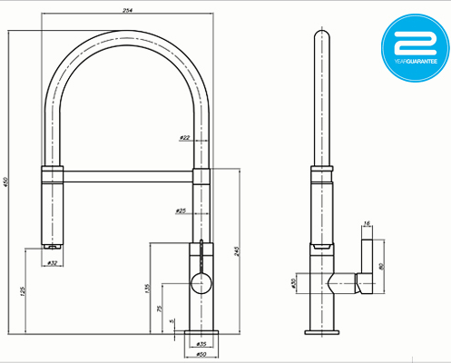 Technical image of 1810 Spirale Single Lever Rinser Kitchen Tap (Brushed Steel & Black).