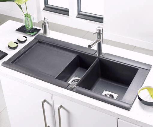 Example image of Astracast Sink Geo 1.5 bowl black composite kitchen sink, left handed.