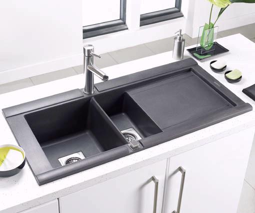 Example image of Astracast Sink Geo 1.5 bowl black composite kitchen sink, right handed.