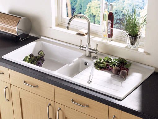 Example image of Astracast Sink Jersey 1.5 bowl sit-in ceramic kitchen sink with right hand drainer.