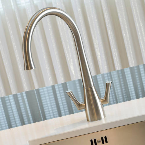 Example image of Abode Fluid Twin Lever Kitchen Tap With Swivel Spout (Brushed Nickel).