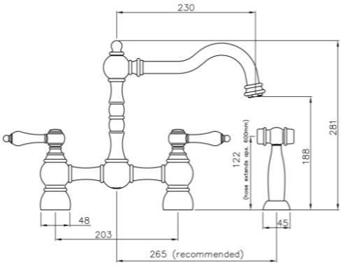 Technical image of Abode Bayenne Bridge Kitchen Tap With Handspray (Pewter).