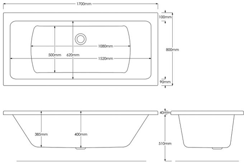Technical image of Artesan Baths Canaletto Trojancast Double Ended Bath With 24 Jet (1700x800)