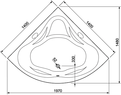 Technical image of Aquaestil Ambassador Corner Bath With Built In Seat.  1400x1400mm.