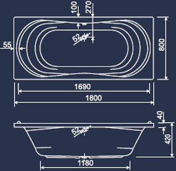 Technical image of Aquaestil Apollo Double Ended Bath.  1800x800mm.