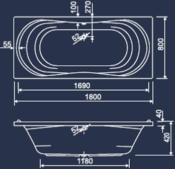Technical image of Aquaestil Apollo Double Ended Whirlpool Bath. 6 Jets. 1800x800mm.