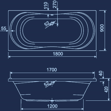 Technical image of Aquaestil Apollo Maxi Double Ended Bath.  1800x900mm.