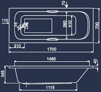 Technical image of Aquaestil Buckingham Aquamaxx Whirlpool Bath & Handles. 6 Jets. 1700x700.