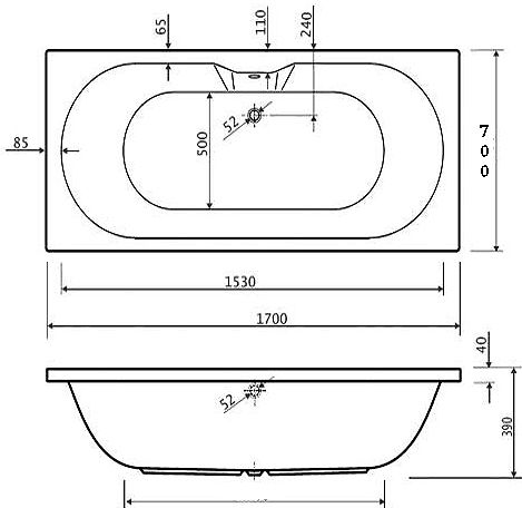 Technical image of Aquaestil Calisto Double Ended Whirlpool Bath. 11 Jets. 1700x700mm.