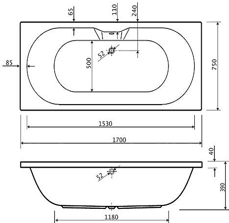 Technical image of Aquaestil Calisto Double Ended Whirlpool Bath. 6 Jets. 1700x750mm.