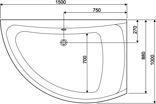 Technical image of Aquaestil Comet Corner Whirlpool Bath. 14 Jets. Right Handed. 1500x1000mm.