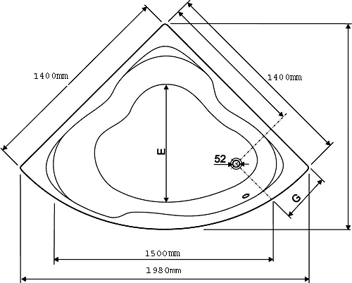 Technical image of Aquaestil Gloria Corner Whirlpool Bath. 14 Jets. 1400x1400mm.