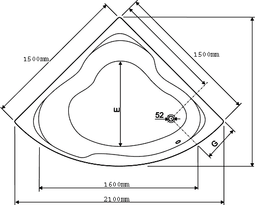 Technical image of Aquaestil Gloria Corner Whirlpool Bath. 14 Jets. 1500x1500mm.