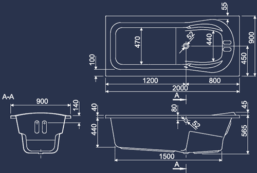 Technical image of Aquaestil Iceland Large Eclipse Whirlpool Bath. 24 Jets. 2000x900mm.