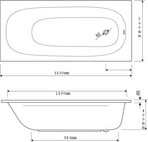 Technical image of Aquaestil Mercury Acrylic Bath.  1500x700mm.