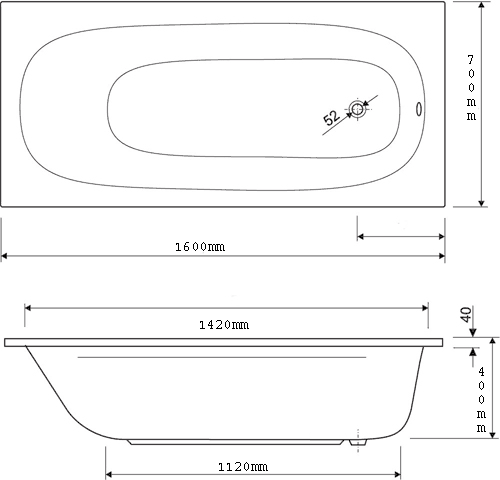 Technical image of Aquaestil Mercury Acrylic Bath.  1600x700mm.