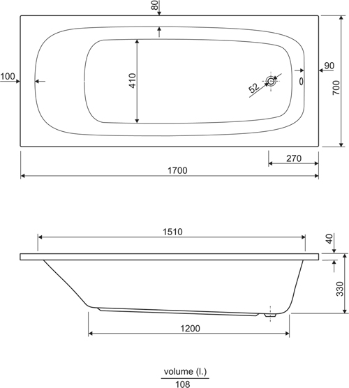 Technical image of Aquaestil Mercury Eco Single Ended Acrylic Bath.  1700x700mm.