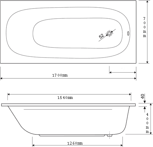 Technical image of Aquaestil Mercury Aquamaxx Bath.  1700x700mm.