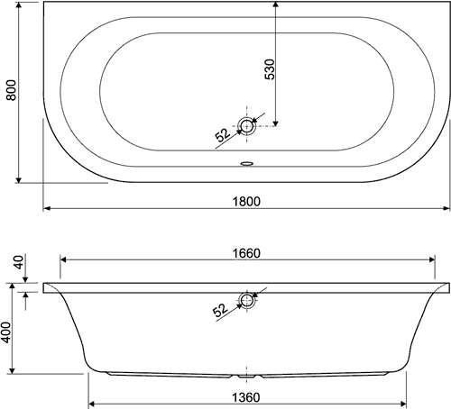 Technical image of Aquaestil Metauro1 Double Ended Whirlpool Bath & Panels. 8 Jets.