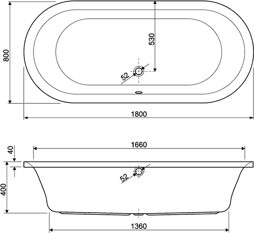 Technical image of Aquaestil Metauro Classic Double Ended Bath. 1800x800mm.