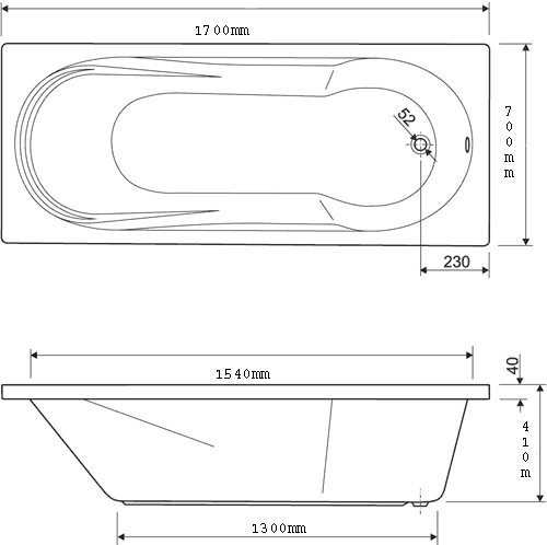 Technical image of Aquaestil Modena Acrylic Bath.  1700x700mm.