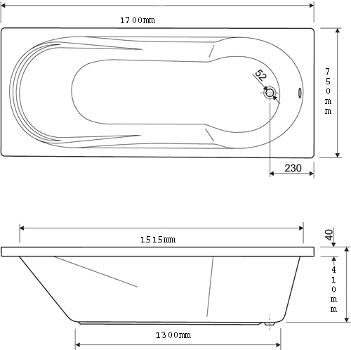 Technical image of Aquaestil Modena Acrylic Bath.  1700x750mm.