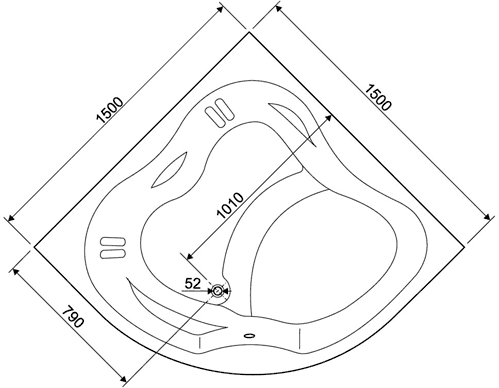 Technical image of Aquaestil Newa Large Corner Turbo Whirlpool Bath. 14 Jets. 1500x1500.