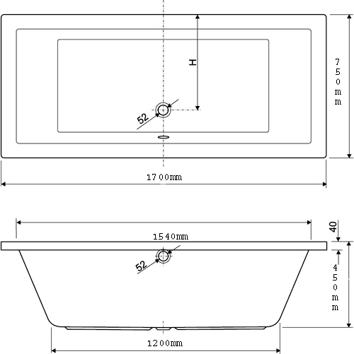 Technical image of Aquaestil Plane Double Ended Whirlpool Bath. 8 Jets. 1700x750mm.