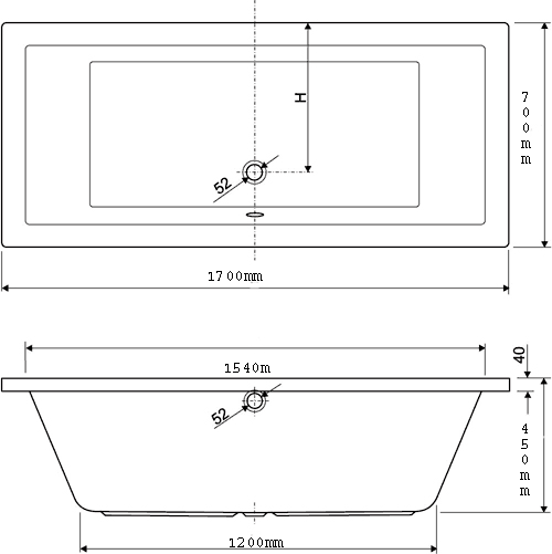 Technical image of Aquaestil Plane Double Ended Whirlpool Bath. 8 Jets. 1700x700mm.