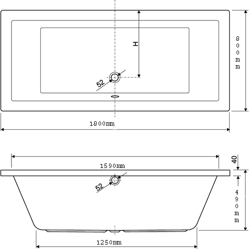 Technical image of Aquaestil Plane Double Ended Whirlpool Bath. 14 Jets. 1800x800mm.
