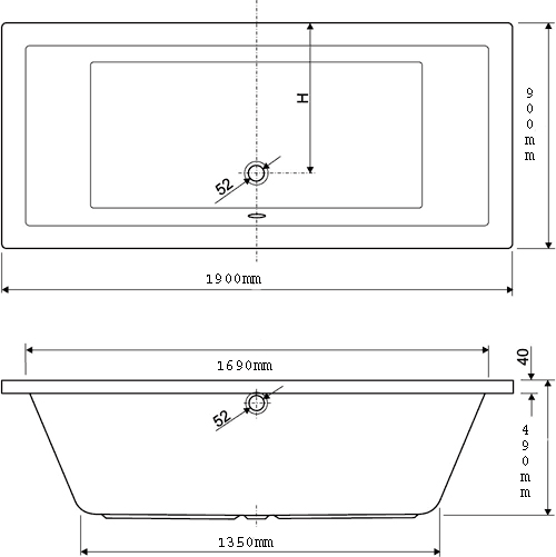 Technical image of Aquaestil Plane Double Ended Whirlpool Bath. 14 Jets. 1900x900mm.