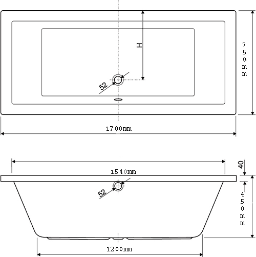 Technical image of Aquaestil Plane Eclipse Double Ended Whirlpool Bath. 24 Jets. 1700x750mm.