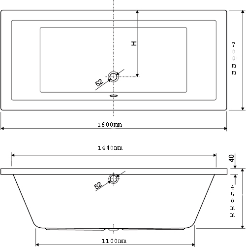 Technical image of Aquaestil Plane Double Ended Bath.  1600x700mm.