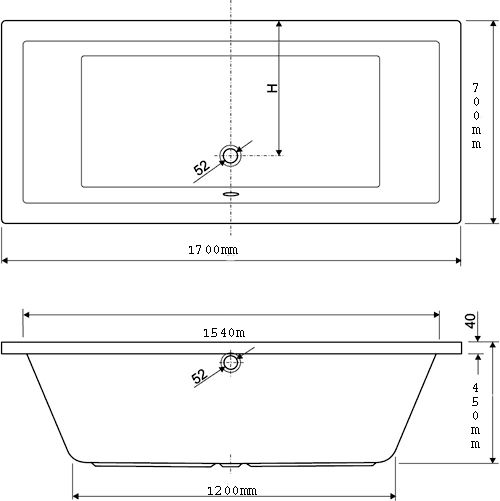 Technical image of Aquaestil Plane Double Ended Bath.  1700x700mm.