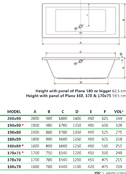 Technical image of Aquaestil Plane Double Ended Acrylic Bath.  1900x800mm.