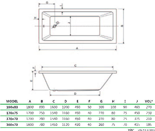 Technical image of Aquaestil Plane Solo Single Ended Acrylic Bath.  1700x750mm.