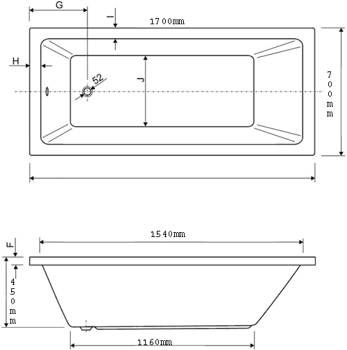 Technical image of Aquaestil Plane Solo Whirlpool Bath. 8 Jets. 1700x700mm.